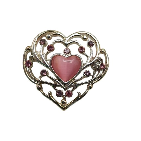 Vintage Silver Tone Heart Brooch With Pink Cats Eye Rhinestone Accents - Picture 1 of 4